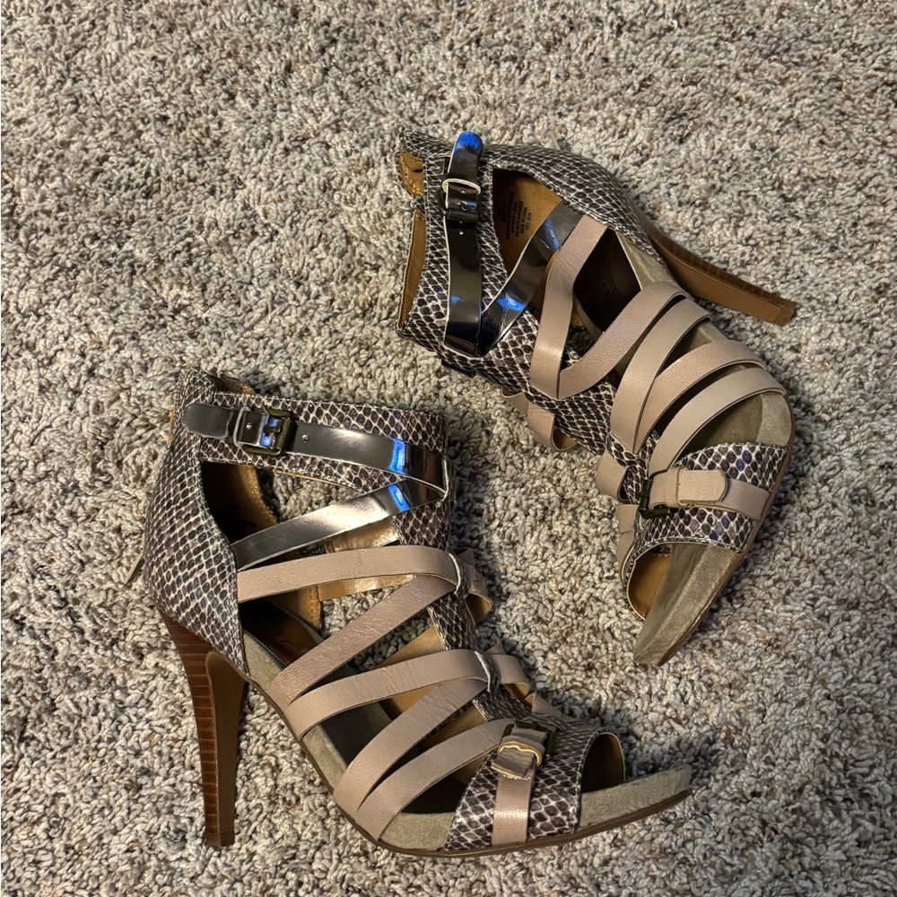 Nine West Taupe Snake-Print Strappy High Heel Sandals